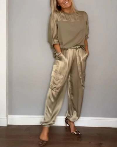 Smooth Satin Half-Sleeved Top and Pants Set - Luxurious Comfort for Every Occasion