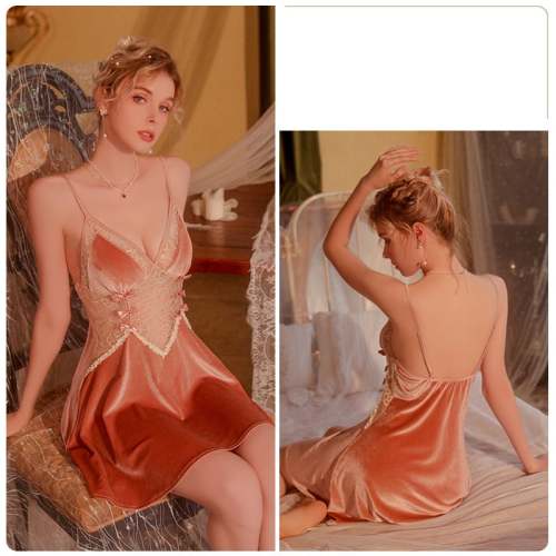 Sweet backless deep V belt chest pad suspender nightdress