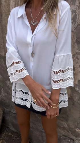 Chic Mid-Sleeve Shirt with Elegant Hollow Patchwork Design