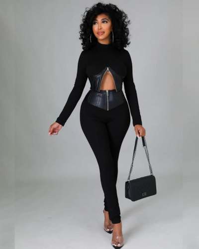 Sleek Tight-Fit PU Leather Long Sleeve Leggings Set for Bold Style