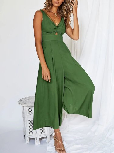 Chic V-Neck Cutout Wide Leg Jumpsuit for Effortless Style