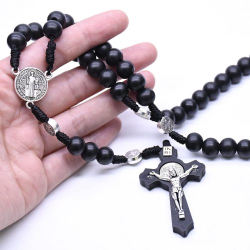 St. Benedict Black Wood Rosary - Handcrafted Prayer Beads with Benedictine Medal