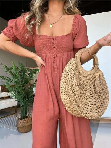 Trendy Square Neckline Jumpsuit with Smocked Bodice and Button Detail