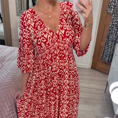 Chic Casual Print V-Neck Waist Wrap Long Dress for Effortless Style
