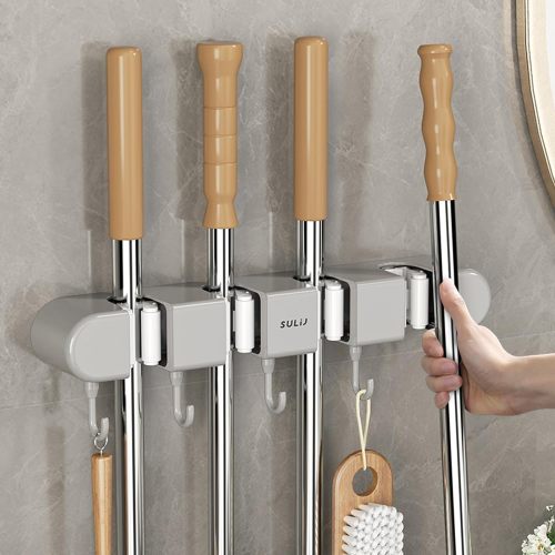 Wall Mounted Broom Mop Grippers with 5 Hooks - Self-Adhesive Storage Solution