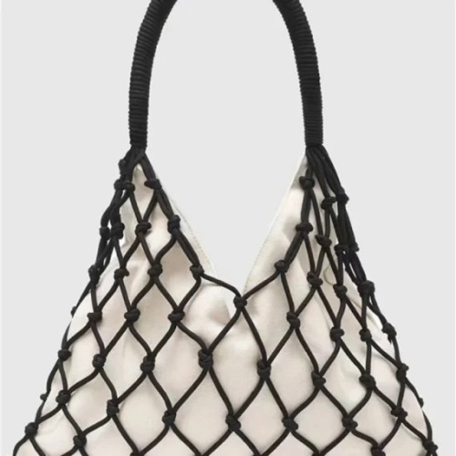 Women Handmade Woven Rope Mesh Canvas Shoulder Bag 2023 Summer New Ladies Fashion White Hollow Out Handbag