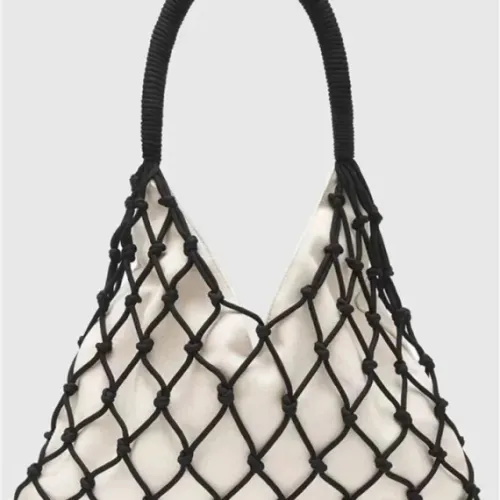 Women Handmade Woven Rope Mesh Canvas Shoulder Bag 2023 Summer New Ladies Fashion White Hollow Out Handbag