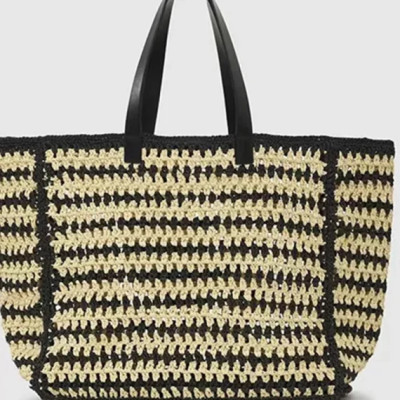 Straw Woven Large Capacity Tote Bag Women Front Logo Striped Female Shopping Bag Handbag For Holiday