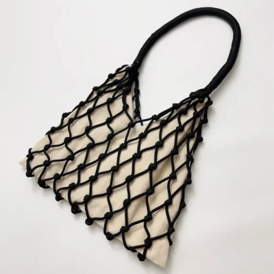 Women Handmade Woven Rope Mesh Canvas Shoulder Bag 2023 Summer New Ladies Fashion White Hollow Out Handbag