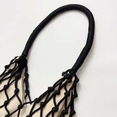 Women Handmade Woven Rope Mesh Canvas Shoulder Bag 2023 Summer New Ladies Fashion White Hollow Out Handbag