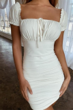 Elegant Solid Draw String Stringy Selvedge Square Collar Wrapped Skirt Dresses