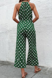Casual Sweet Polka Dot Bandage Pocket Halter Loose Jumpsuits