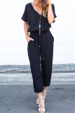 Casual Street Solid Frenulum V Neck Jumpsuits