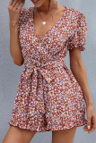 Fashion Elegant Floral With Belt V Neck Rompers