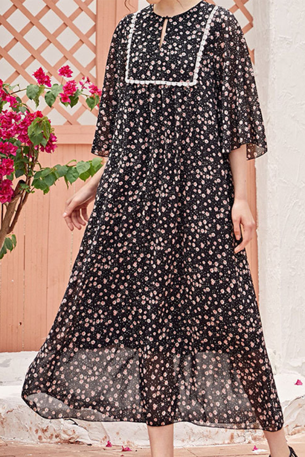 Fashion Elegant Floral Split Joint O Neck Dresses