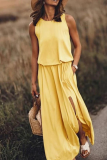 Fashion Casual Solid Patchwork Slit O Neck Waist Skirt Dresses