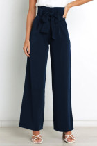 Work Simplicity Solid With Belt Loose High Waist Straight Solid Color Bottoms