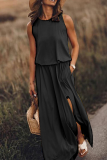 Fashion Casual Solid Patchwork Slit O Neck Waist Skirt Dresses