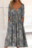 Casual College Print Pocket Buttons O Neck Long Sleeve Dresses