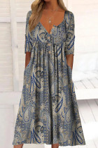 Casual College Print Pocket Buttons O Neck Long Sleeve Dresses