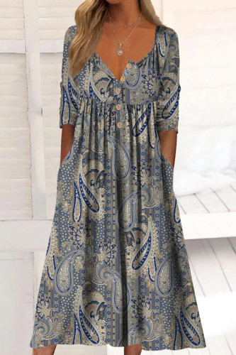 Casual College Print Pocket Buttons O Neck Long Sleeve Dresses
