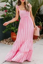 Fashion Elegant Striped Split Joint Fold Spaghetti Strap A Line Dresses