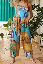 Casual Print Split Joint Pocket Square Collar Straight Jumpsuits