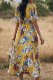 Bohemian Vacation Floral Patchwork Slit V Neck Waist Skirt Dresses