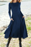Elegant College Solid Patchwork Pocket Asymmetrical Solid Color O Neck Sheath Dresses