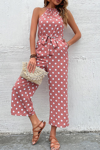 Casual Sweet Polka Dot Bandage Pocket Halter Loose Jumpsuits