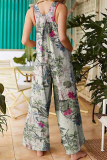 Casual Print Pocket Buttons Square Collar Straight Jumpsuits