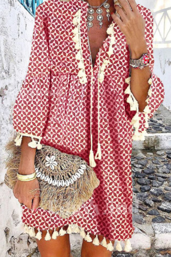 Casual Print Tassel Flounce V Neck Princess Dresses