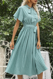 Elegant Print Frenulum With Bow Ribbon Collar Pleated Dresses