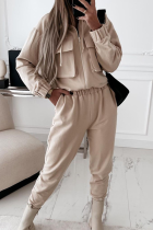Casual Solid Patchwork Zipper Collar Long Sleeve Two Pieces