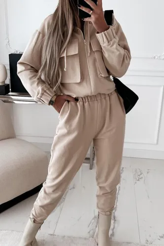 Casual Solid Patchwork Zipper Collar Long Sleeve Two Pieces