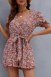 Fashion Elegant Floral With Belt V Neck Rompers