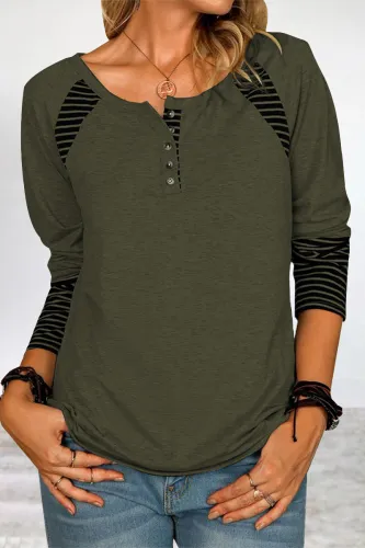 Casual Print Patchwork Buckle O Neck Tops