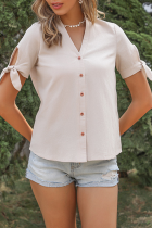 Elegant Solid Buttons Knotted V Neck Tops