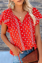 Fashion Casual Print Split Joint V Neck Tops