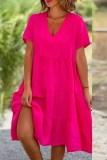 Casual Sweet Solid Patchwork V Neck Short Sleeve Dress Dresses