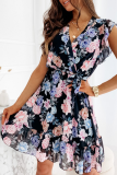 Fashion Elegant Floral Flounce With Belt V Neck A Line Dresses