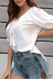 Casual Floral Frenulum Buckle V Neck T-Shirts