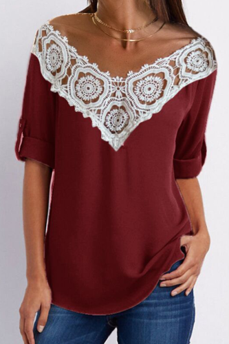 Casual Street Patchwork Lace Hollowed Out Contrast V Neck T-Shirts