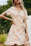 Elegant Floral Frenulum Flounce V Neck A Line Dresses