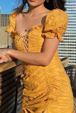 Fashion Street Solid Hollowed Out Square Collar Wrapped Skirt Dresses