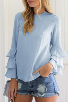 Casual Solid Flounce O Neck Tops