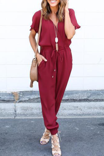 Casual Street Solid Frenulum V Neck Jumpsuits