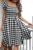 Fashion Elegant Plaid Split Joint Slit Square Collar A Line Dresses