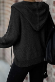 Casual Solid Draw String Zipper Hooded Collar Tops