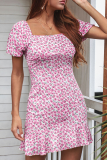 Fashion Elegant Floral Split Joint Flounce Square Collar A Line Dresses
